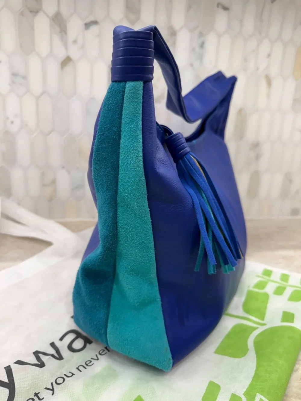 Mywalit Bag Royal Blue Leather with turquoise suede side panels, MINT